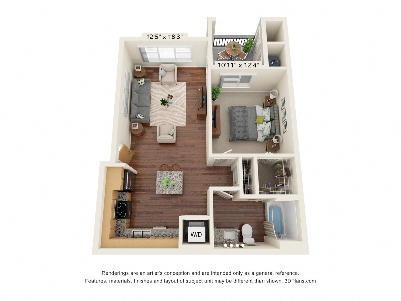 Floor plan for 1 bed, 1 bath, 727 sqft